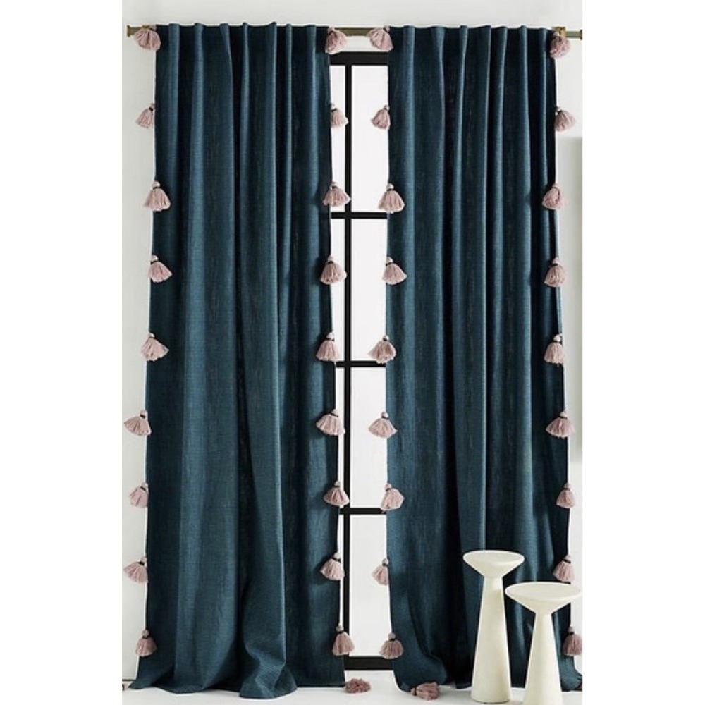 Anthropologie MINDRA Blue/green 50"x96" Curtains w/Tassels 100% Cotton-Set of 2